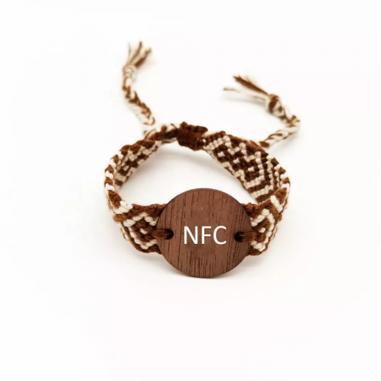 Adjustable Fashion RFID Wooden Bracelet Custom logo Engrave Wood woven Handmade NFC Wristband