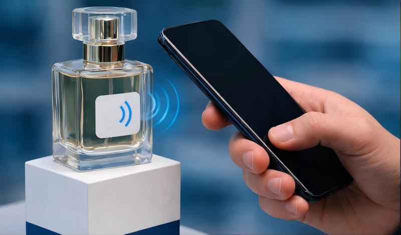 NFC tag application with smartphone scanning NFC sticker on product packaging