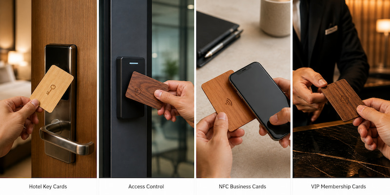 Wooden RFID and NFC cards for hotel access control digital business cards and VIP membership applications Wooden RFID and NFC cards for hotel access control digital business cards and VIP membership applications