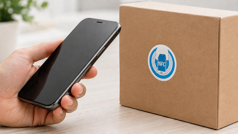 Custom NFC sticker on product packaging scanned by an NFC enabled smartphone