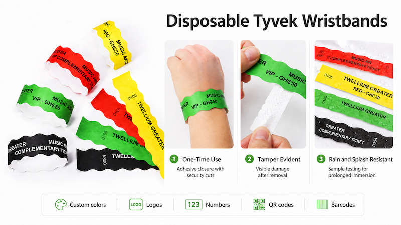 Custom printed Tyvek wristbands with QR codes barcodes and sequential numbers Custom printed Tyvek wristbands with QR codes barcodes and sequential numbers