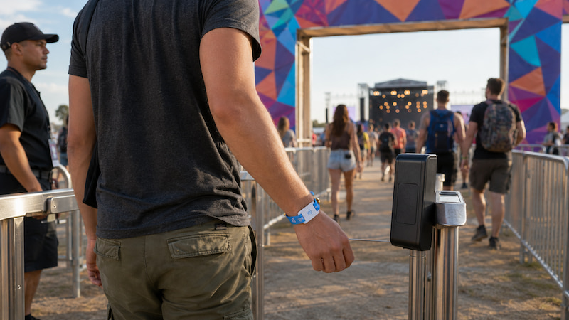 RFID PVC card woven wristband scanned at an event entrance RFID PVC card woven wristband scanned at an event entrance