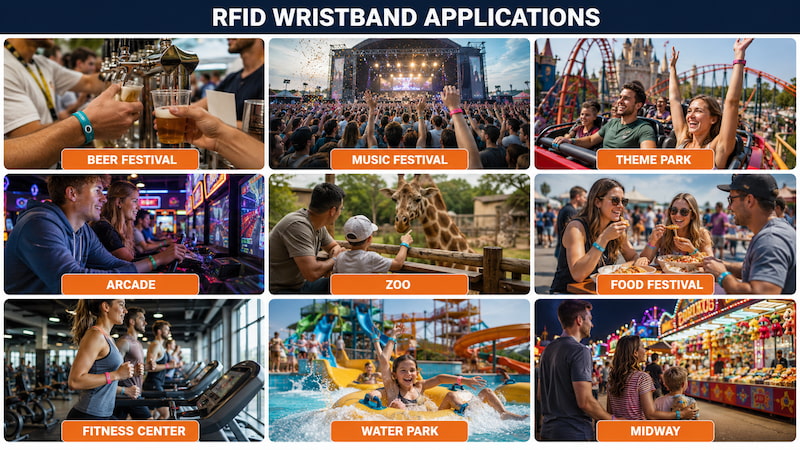 Waterproof RFID silicone wristband scanned at a water park entrance Waterproof RFID silicone wristband scanned at a water park entrance