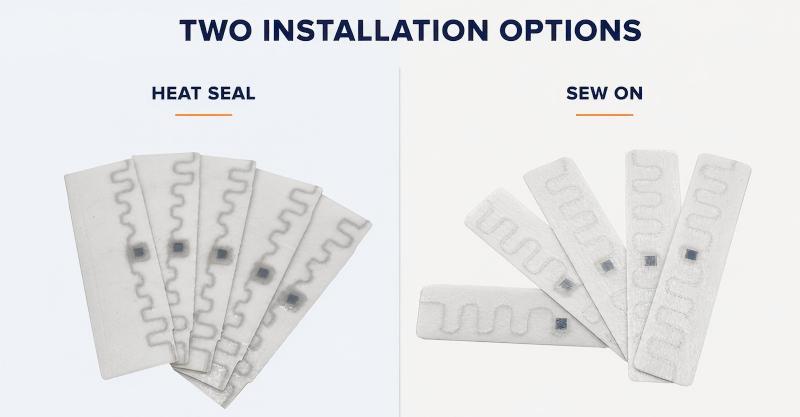 Sew on and heat seal installation methods for UHF RFID laundry tags Sew on and heat seal installation methods for UHF RFID laundry tags