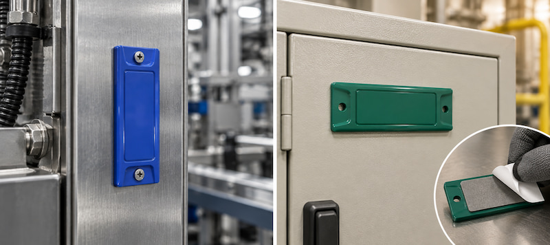 Hard UHF RFID on metal tag with screw mounting and strong adhesive installation options Hard UHF RFID on metal tag with screw mounting and strong adhesive installation options