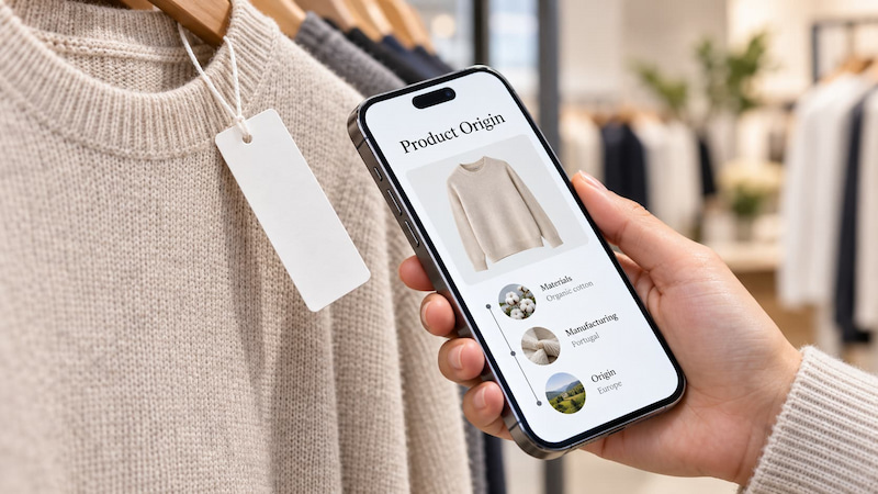 Customer tapping an NFC paper clothing hang tag to view product origin information on a smartphone Customer tapping an NFC paper clothing hang tag to view product origin information on a smartphone