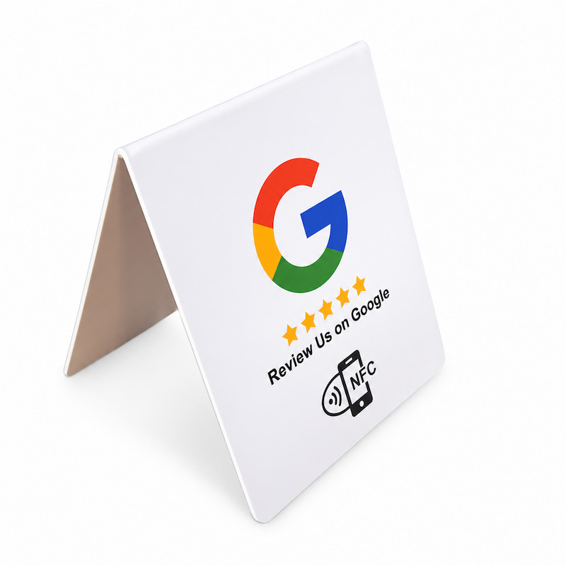 White double-sided PVC NFC table tent with Google review print