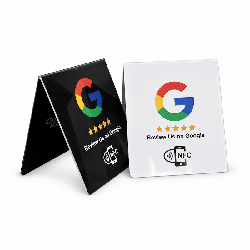 Black and white PVC NFC table tents for Google reviews