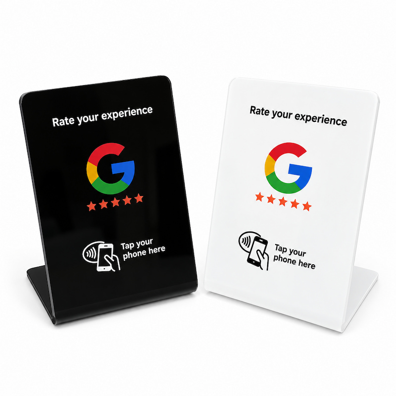Custom Google review NFC stand in black and white acrylic designs