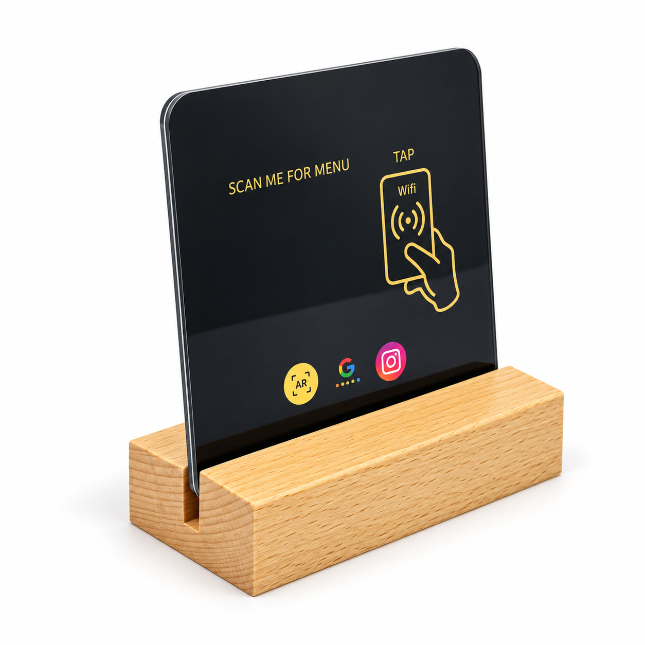 Black NFC review and menu card with wooden stand