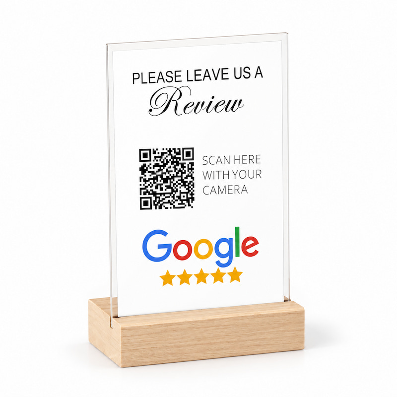 Google review QR code card with wooden base