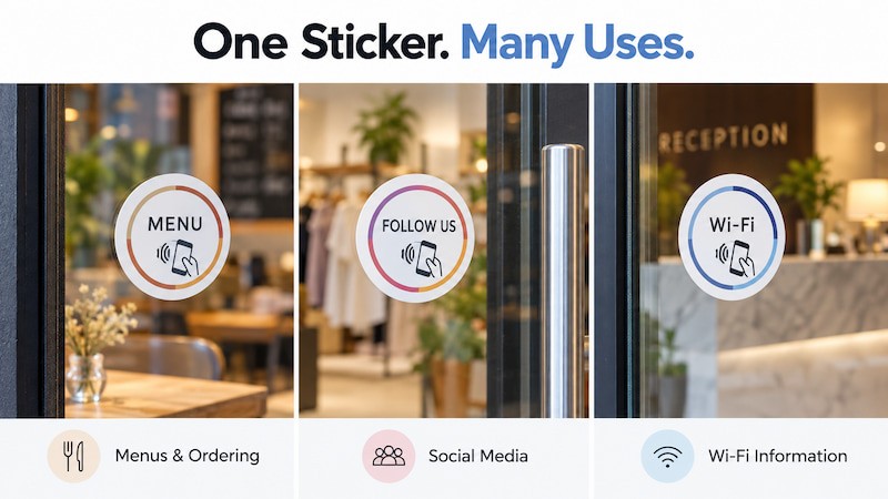 Custom NFC window stickers for menus, social media and Wi-Fi information Custom NFC window stickers for menus, social media and Wi-Fi information