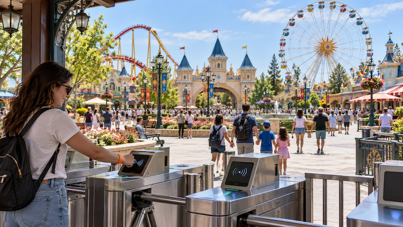 Visitor tapping an RFID wristband at an amusement park entrance turnstile