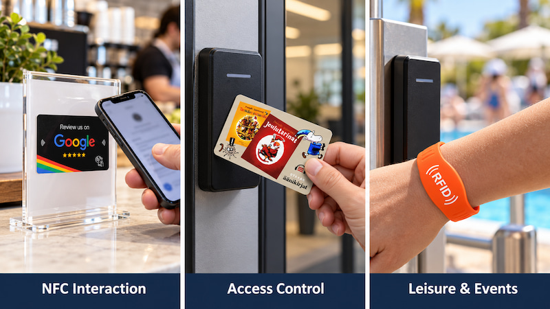 NFC review sticker used with a smartphone, RFID card at an access reader, and wristband at a pool entrance NFC review sticker used with a smartphone, RFID card at an access reader, and wristband at a pool entrance