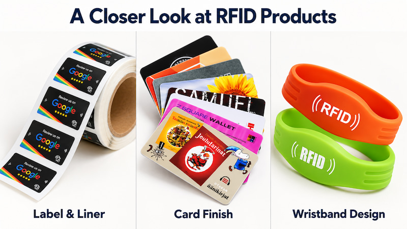 Close-up views of NFC labels and release liner, printed card finishes, and silicone RFID wristband designs Close-up views of NFC labels and release liner, printed card finishes, and silicone RFID wristband designs