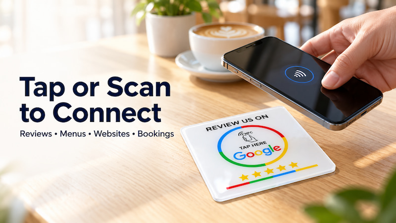 Smartphone tapping a self-adhesive acrylic NFC Google review plaque on a caf&eacute; table