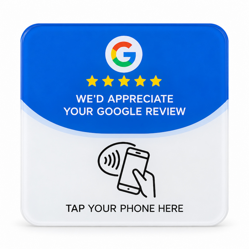 Blue and white 100 × 100 mm acrylic NFC Google review table plaque