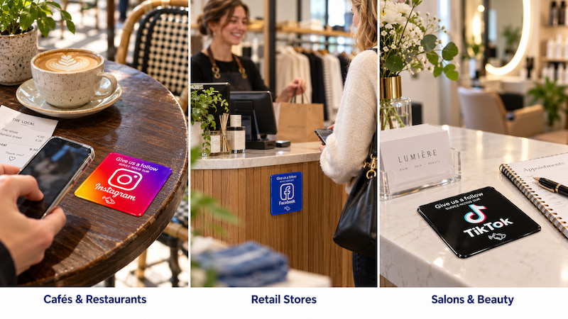 Self-adhesive acrylic NFC plaques on caf&eacute; tables, retail counters and salon reception desks
