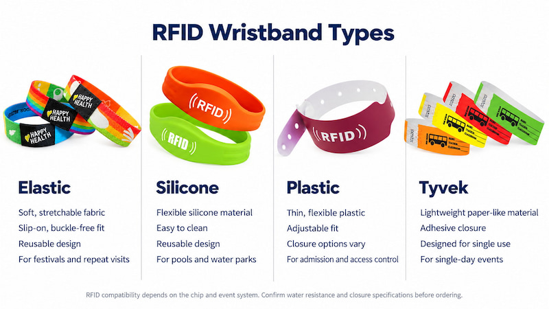 Elastic, silicone, plastic, and Tyvek RFID wristband comparison Elastic, silicone, plastic, and Tyvek RFID wristband comparison